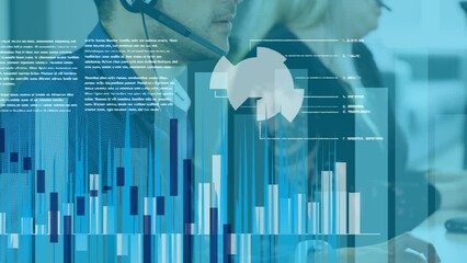 Poster - Animation of online data over diverse business people wearing phone headsets