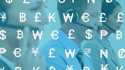 Poster - Animation of online currency symbol over diverse business people wearing phone headsets