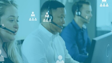 Poster - Animation of online people icons over diverse business people wearing phone headsets