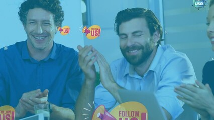 Poster - Animation of online social media icons over diverse business people clapping