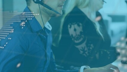 Poster - Animation of online data over diverse business people wearing phone headsets