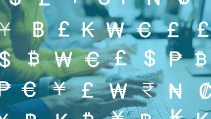 Poster - Animation of online currency symbols over diverse business people typing on computers