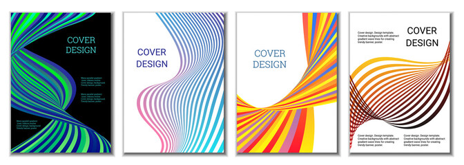 A set of 4 abstract covers. Wavy parallel gradient lines, ribbons evolve. Cover design, background. Trendy banner, poster.