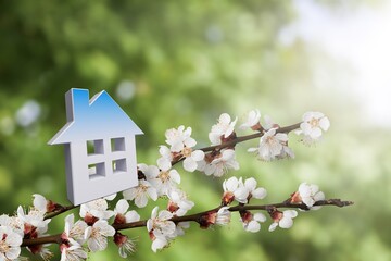 Poster - white toy house and cherry flowers, spring natural background. concept of mortgage, construction, rental, family and property. eco-home.