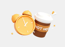 3D Cartoon Alarm Clock And Coffee Paper Cup. Good Morning Concept. Lunch Time. Coffee Break At The Office. Takeaway Hot Tea. Creative Realistic Icon Design Isolated On White Background. 3D Rendering
