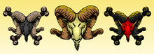 Evil Rams Head Illustration, Baphomet, Illustration For A Tattoo, Print, Emblem, Mascot Logo.