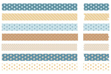Colorful Vintage Washi Tape Strips With Geometric And Floral Patterns. With Ragged Edges. Vector Illustration Isolated On White Background. Lines Circles Flowers Polka Dots Stickers For Planner