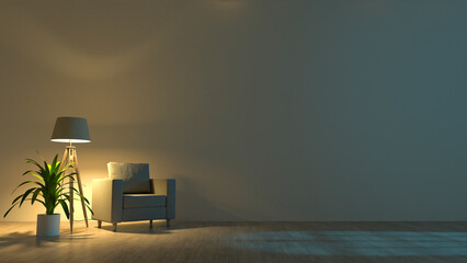 Wall Mural - Living room interior. Armchair with a floor lamp against a white wall. Modern Scandinavian interior. Minimalistic interior of living space or office. Night interior.
3D render.