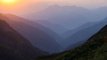 Beautiful Silhouette Of The Caucasus Mountains From Mountain Laila (lahili) Base Camp In Svaneti Region, Georgia.
