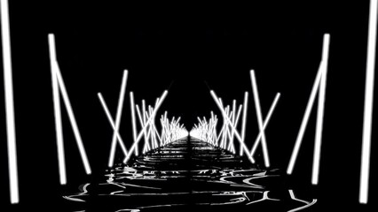 Poster - Moving 3d corridor with neon lines in dark. Design. Gloomy path in cyberspace with neon lines. Neon lines illuminate dark path in virtual space