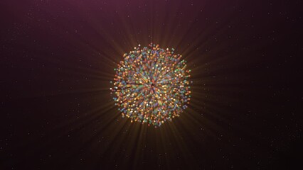 Poster - Round spherical object of many small glowing particles. Motion. Multicolored ball shrinking and disappearing on a black background.