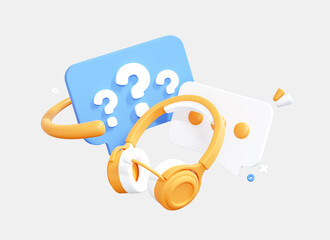 Fototapete - 3d headphones and speech bubble with question mark. online support service. faq concept. chatbot for