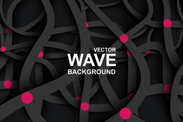 Aufkleber - Minimal geometric abstract wave background. Wallpaper with smooth lines of black color with pink dots on dark shade backdrop. Banner design with curved stripes in paper cut style. Vector illustration