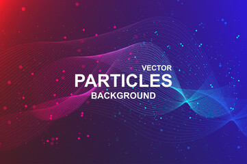 Aufkleber - Abstract wave background with glowing particles. Wallpaper with flowing fractal lines with dots. Banner design with liquid flow of stripes with dust splash and glittering effect. Vector illustration