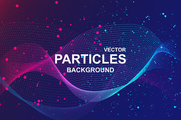 Leinwandbilder - Abstract wave background with glowing particles. Wallpaper with flowing fractal lines with dots splash in blue and pink colors and glittering effect. Bright dynamic banner design. Vector illustration