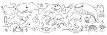 Contour Of Sea Animals. Outline Vector Set Great For Childish Coloring.