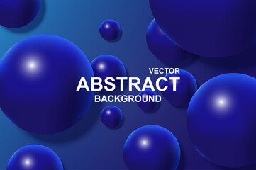 Poster - Abstract 3d realistic background with dynamic spheres. Falling blue balls with glossy shining surface on dark backdrop. Minimal wallpaper with plastic bubbles composition design. Vector illustration
