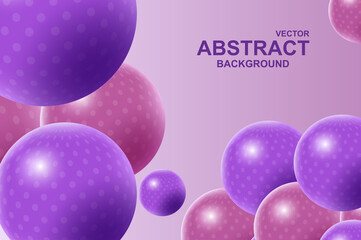 Leinwandbilder - Abstract 3d realistic background with dynamic spheres. Falling purple and pink balls with dots print on soft backdrop. Wallpaper design with bubbles with glossy shining surface. Vector illustration