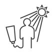 Sunblock protection, solar activity, preventive measures. Flaming and beaming sun, bottle of sunblock, squeezed out sunscreen cream as man silhouette. Thin line vector icon. 48x48. Editable Strokes