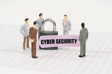 Poster - There are figures of people on business reports, a padlock with a sticker on which it is written - Cyber security