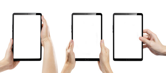 Collection of hands with black tablets, isolated on white background