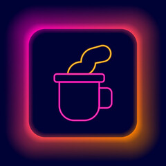 Sticker - Glowing neon line Cup of tea icon isolated on black background. Colorful outline concept. Vector