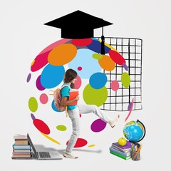 Wall Mural - Contemporary art collage. Little child around school supplies, books. Educational concept. Well-read child. Concept of education, childhood, book reading, discovery, artwork