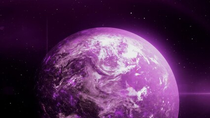 Poster - Bright glowing planet in space. Motion. 3D planet rotates in outer space with colored radiation. Planet with bright color on background of starry cosmos