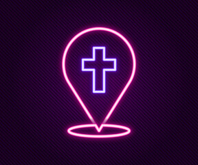 Wall Mural - Glowing neon line Map pin church building icon isolated on black background. Christian Church. Religion of church. Colorful outline concept. Vector