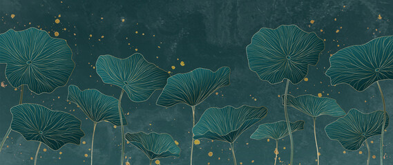 Wall Mural - art background with lotus leaves in gold line. hand drawn botanical banner for wallpaper design, dec