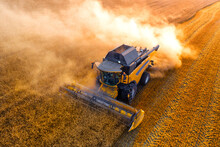 Ukraine Harvester Harvests Wheat Drone Top View.