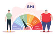 © Picture Store - Body Mass Index. Poster in flat design. Vector illustration. Person with normal weight and obese man standing near BMI scale