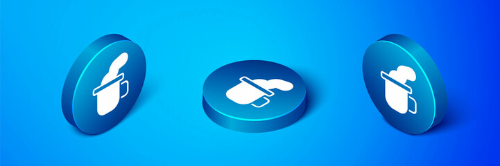 Poster - Isometric Cup of tea icon isolated on blue background. Blue circle button. Vector