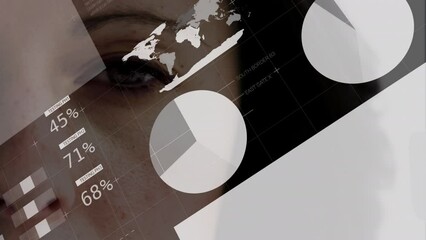 Poster - Animation of financial data over woman eye and diverse businesspeople on screens