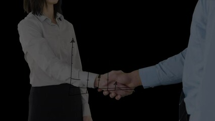 Wall Mural - Animation of financial data over caucasian businesswoman and businessman shaking hands