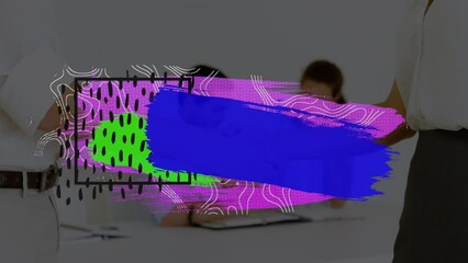 Aufkleber - animation of pink, green and blue shapes over caucasian businesswoman and businessman shaking hands