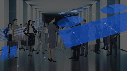 Sticker - Animation of financial data over caucasian businesswoman and businessman shaking hands