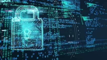 Poster - Animation of data processing over online security padlock with computer circuit board