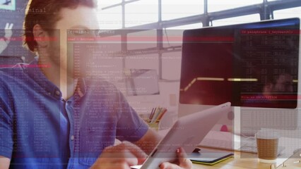 Poster - Animation of data processing over caucasian businessman using tablet
