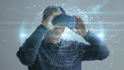 Poster - Animation of globe of connections over caucasian man using vr headset