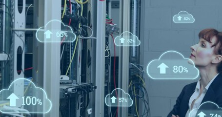 Poster - Animation of cloud icons with growing numbers over caucasian woman in server room