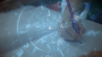 Poster - Alphabets floating and spinning against close up of a student hand drawing in a book at school