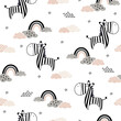 Seamless childish pattern with zebra, clouds, star and rainbow. Cute cartoon animal background. Design for background, wallpaper, wrapping, printing, fabric, apparel and all your creative projects