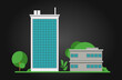 Company Building and Warehouse Building, Vector Illustration on Black Background with Trees and Bushes