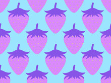 Strawberry Seamless Pattern. Purple Strawberries On A Blue Background In 80s Retro Style. Design For Banners, Posters And Advertising Products. Vector Illustration