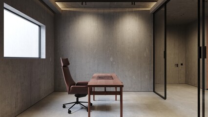 Wall Mural - Loft industrial home office modern interior room with concrete walls, LED lights, chair and wooden table