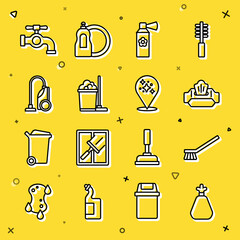 Sticker - Set line Garbage bag, Brush for cleaning, Wet wipe pack, Air freshener spray bottle, Mop and bucket, Vacuum cleaner, Water tap and Home service icon. Vector