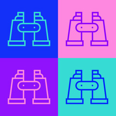 Sticker - Pop art line Binoculars icon isolated on color background. Find software sign. Spy equipment symbol. Vector