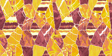 Seamless Cracked Kintsugi Mosaic Patchwork Collage Of Playful Stripes And Marble In A Bright Orange, Pink And Yellow Dopamine Dressing Style. High Resolution Textile Fabric Background Texture..