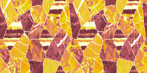 Sticker - Seamless Cracked Kintsugi mosaic patchwork collage of playful stripes and marble in a bright orange, pink and yellow dopamine dressing style. High resolution textile fabric background texture..